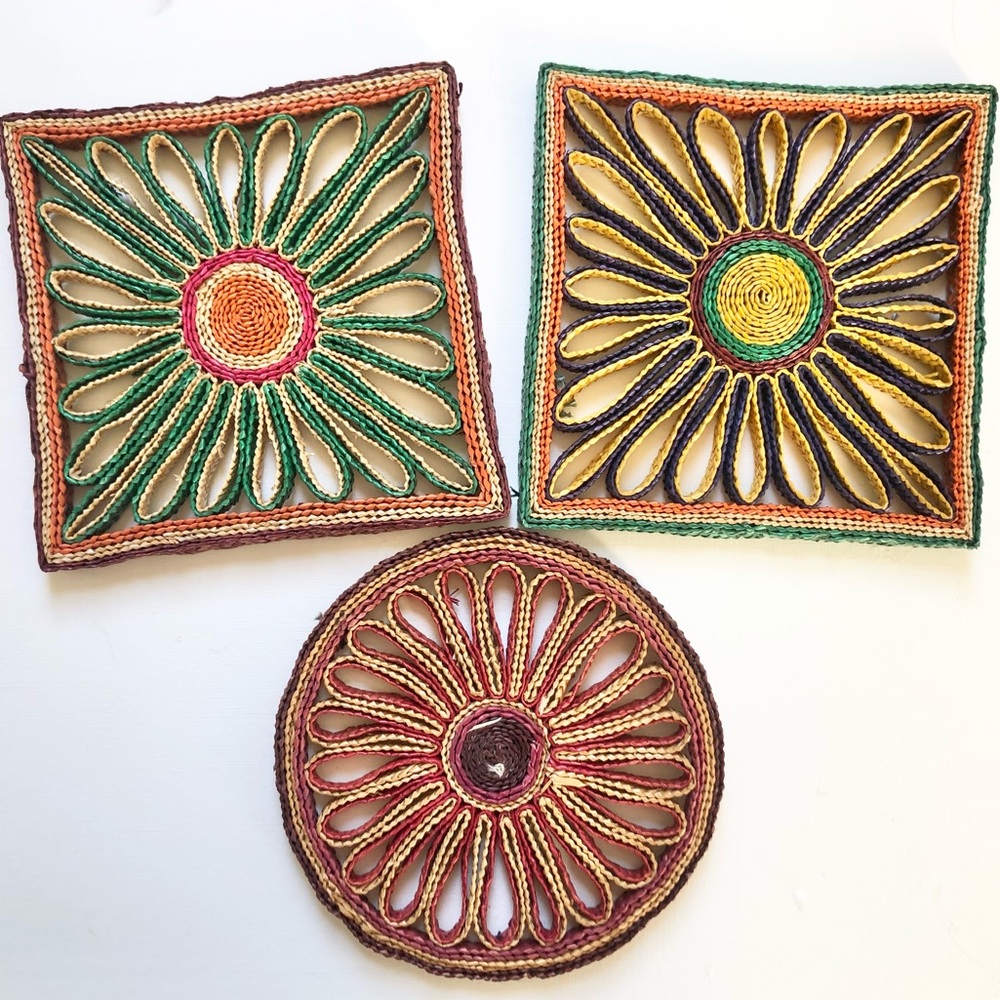 Set of 3 Vintage Woven Trivets Flat Wall Hanging